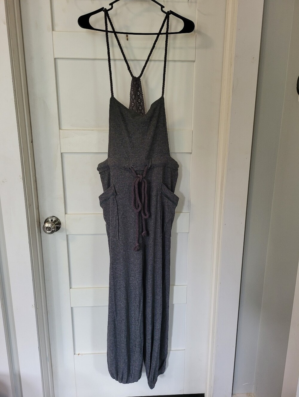 Casual Grey Jumpsuit with Lace Back and Drawstring